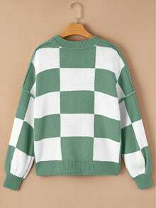 1pc Olive Green Contrast Plaid Knit Ribbed Plus Size Sweater, Basic Long Sleeve Top, Plus Size Women Autumn/Winter Casual Outerwear, Business Casual, Essential Pullover - Olive Green - View 6