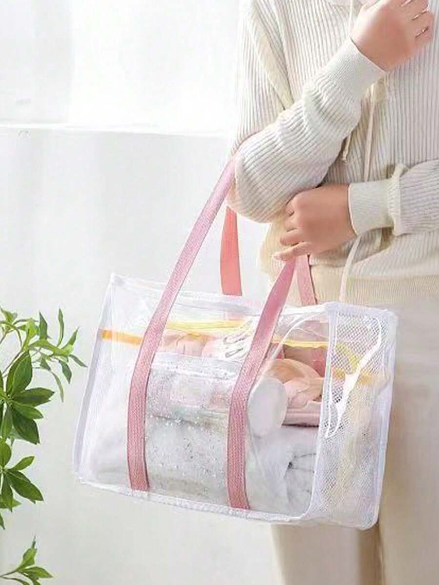 1 pieza Bolso de playa grande y transparente de estilo minimalista, bolso de playa de malla colorido, bolso de tote grande y transparente de PVC, bolso de playa plegable para mujer - transparente - Ver 1