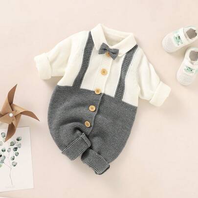 Infant Gentleman Style Knit Romper, Small Collar Bow Design, Casual Jumpsuit