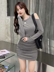 Solid Color Casual Ribbed Ruffle Hem Daily Wear Long Sleeve Mini Dress For Women, Spring/Autumn