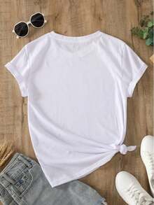 Playera blanca estampada mujer casual juvenil comoda basica cuello redondo manga corta material  suave y fresco - Blanco - Ver 2