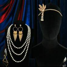 Accesorios de mascarada de 1920, conjunto de diadema de plumas de aleación, collar de perlas y guantes largos para cigarrillos para fiesta de Gatsby, Halloween