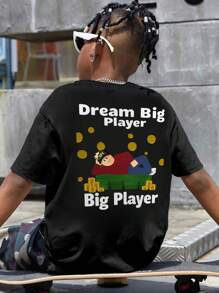 Boys & Teens Students Casual Printed Round Neck Short Sleeve T-Shirt, Summer Top