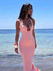 Avrilyaan Pink Mesh Splicing Split Sexy Kleid Frauen Sommerkleid Elegantes Midi Lang Rückenfrei Bodycon Partykleider Vestidos