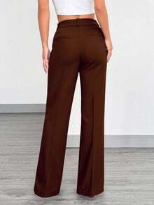 Women's Tailored Flare Pants With Fake Pockets At The Back - Coffee Brown - View 3