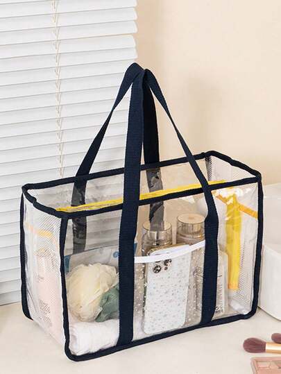 1pc Minimalist Large Capacity Transparent Beach Tote Bag, Colorful Mesh Beach Bag, PVC Transparent Large Capacity Tote Bag, Foldable Women's Beach Handbag, Transparent Mesh Shoulder Bag, Transparent Jelly Tote Bag, Breathable Outdoor Picnic Shell Excavation Storage Bag, Waterproof Cosmetic Bag, Suitable For Swimming Pool, Beach, Vacation, Multifunctional Waterproof Toiletry Bag, Swimming Fitness Bag, Lightweight Travel Household, Skincare Bag, Toiletry Bag, Travel Essentials