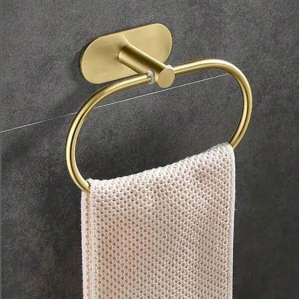 1pc Black Towel Ring With Shelf Stainless Steel Self Adhesive Hand Towel Holder For Bathroom Wall