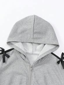 Girls Autumn/Winter Fashion Set, Short Hooded Sweatshirt With Bow Decor & Wide Leg Pants - Grey - View 4