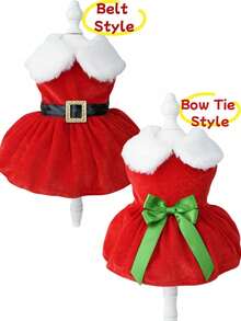 狗狗圣诞服装小狗连衣裙，圣诞老人宠物服装天鹅绒裙子保暖衬衫冬季外套圣诞节节日服装可爱女孩服装红色连衣裙，适合中小型犬和猫的狗狗服装，两种款式可供选择 - 彩色 - 查看 3