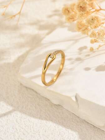 1 件不锈钢独特几何方晶锆石镶嵌戒指，空心水滴百搭爪镶时尚指节戒指，适合女士