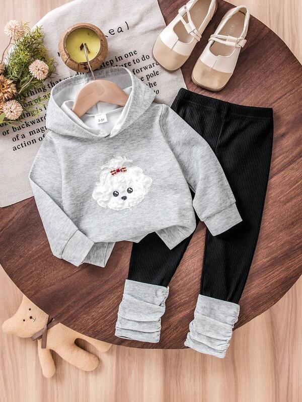 Cute Bow Puppy Hooded Long Sleeve Sweatshirt & Pleated Patchwork Leggings Set, Autumn/Winter