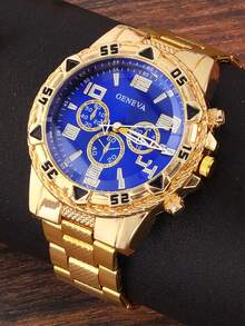 Bộ 4 đồng hồ thạch anh cỡ lớn dành cho bé trai tuổi teen có lịch, đồng hồ đeo tay thời trang cá nhân hóa, vòng cổ chữ R, vòng tay, nhẫn thánh giá, thích hợp cho ngày lễ, quà tặng sinh nhật, đeo hàng ngày - Vàng - Xem 4