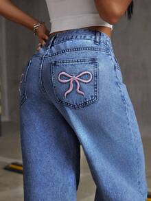 Teen Girl Oversized Butterfly Print Loose Fit Flared Denim Pants - Medium Wash - View 6