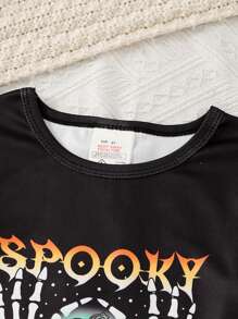 Set de pijamale 2 buc, croială confortabilă, cu guler rotund, cu mânecă scurtă, cu grafică de Halloween cu dovleac și craniu, pentru copii mici, pentru petreceri