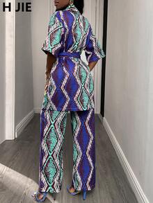 女士两件套，短袖夹克 + 长裤，蓝色花卉印花，波西米亚度假风格 - 藍色 - 查看 2