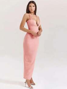 Avrilyaan Pink Mesh Splicing Split Sexy Kleid Frauen Sommerkleid Elegantes Midi Lang Rückenfrei Bodycon Partykleider Vestidos