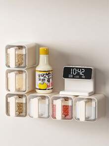1 pieza Caja de condimentos para la cocina con cuchara, montada en la pared, caja sellable para almacenamiento de sal, glutamato monosódico (MSG), condimentos, alimentos, cocina, cocinar, sazonar, especias, fiesta, viaje, utensilios de cocina, herramientas de cocina, cosas de cocina.