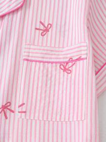 2pcs Comfortable Blue Striped Heart Collar Button Short Sleeve Top With Pocket And Bow Shorts Pajama Set For Women, Suitable For Home Wear, Spring/Summer