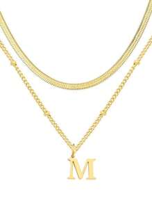 1 件迷你心形吊坠和不锈钢字母项链 - 双层可调节链条项链，26 个字母双层可调节链条珠宝，极简主义奢华，时尚百搭高端优雅简约风格，适合日常休闲、派对、通勤、度假，是送给女性的绝佳礼物