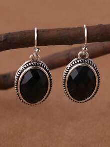 Bộ trang sức nhựa mạ bạc cổ điển 3 món, hoa tai bán riêng - màu đen - Xem 4