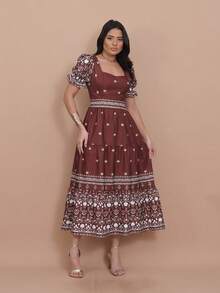 Helena Crepe Printed Midi Dress With Short Sleeves - Mocha Brown - View 1