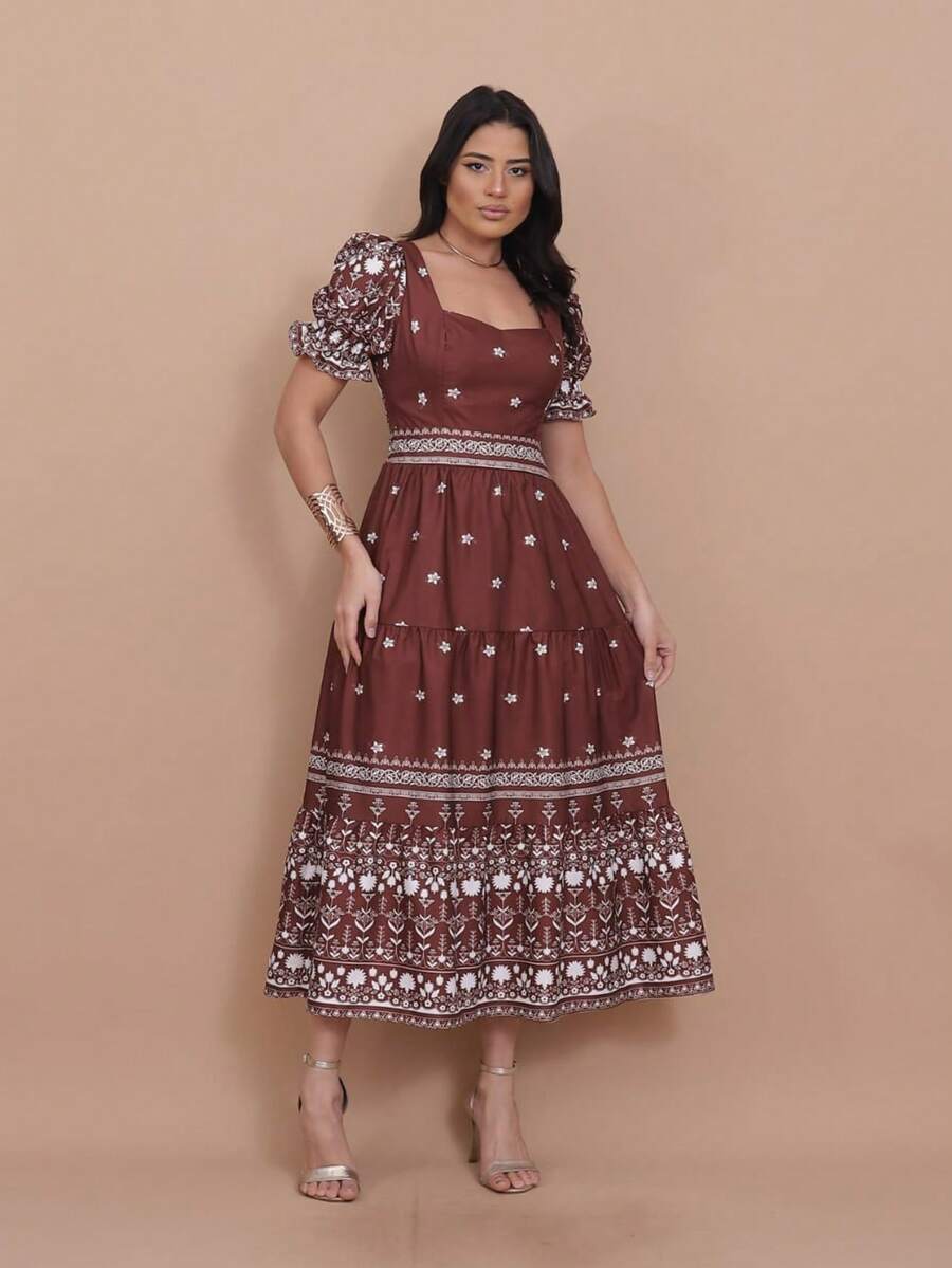 Helena Crepe Printed Midi Dress With Short Sleeves - Mocha Brown - View 1