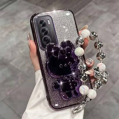 1个渐变闪光电镀防摔可爱紫色小猫折叠支架手机壳，带挂绳，兼容三星Galaxy S21 Ultra 5G、A14、A54， 17、17 Pro、17 Pro Max、16、16 Pro、16 Pro Max、15、15 Pro Max、15 Pro、Spark Go 2024，Infinix Smart 8、Edge 30，Redmi Note 14 Pro+ 5G，荣耀50，荣耀400，荣耀400 Pro/Lite