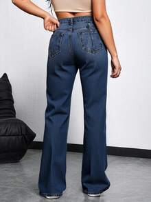 Vaqueros de pierna recta simples para mujeres para uso diario ,Pantalones holgados con bolsillos en azul oscuro, Jeans, Pantalón denim holgado no elástico azul oscuro - Azul - Ver 2