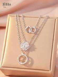 Hihho 3 款时尚优雅项链，锆石镶嵌双环圆球设计，个性化创意女士项链套装，奢华珠宝礼物 - 銀色 - 查看 6