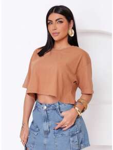 Women's Basic Cropped T-Shirt In Plain Cotton Knit - màu nâu - Xem 5