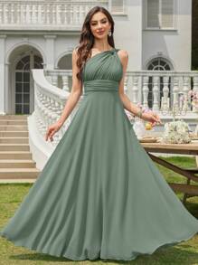 Volly Toych 桉树色A字单肩镂空褶皱雪纺优雅长款正式伴娘礼服，婚礼宾客礼服 - 青碧色 - 查看 5