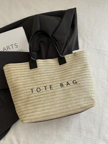 大容量休闲度假草编手提包，简约优雅女士单肩手提包 - 黑色 - 查看 7