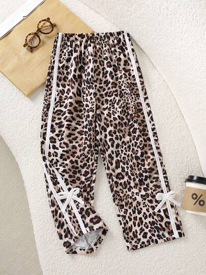 Girls' Leopard Print Straight Leg Pants, Fashion Everyday Casual, Decorated With White Side Stripe And Bow, Suitable For Outdoor Activities And Walking For Little Girls
