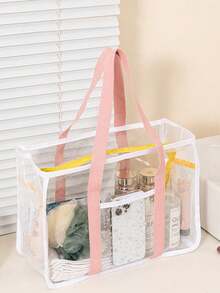 1 pieza Bolso de playa grande y transparente de estilo minimalista, bolso de playa de malla colorido, bolso de tote grande y transparente de PVC, bolso de playa plegable para mujer - transparente - Ver 15