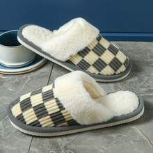 Fashionable Fluffy Plaid Slippers, Comfortable Indoor Bedroom Casual Home Slippers For Men - Grey - View 4