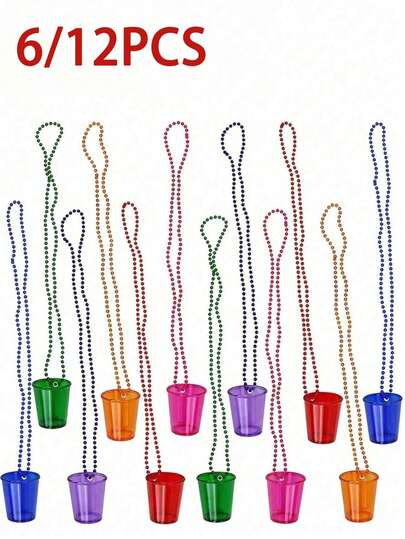 6/12PCS Shot Glass On Beaded Necklaces Shot Shot Necklace Cups Party Necklaces Shot Glass For Birthday Wedding Christmas Party Supplies, 6 Colors Shot Cups Necklaces Explosive Prom Party Plastic Clear Beads Chain Cups Bachelorette Party Irish Day Linked Beads