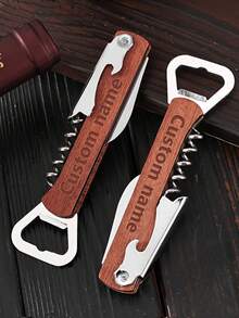 Personalized Multifunctional 3-In-1 Portable Stainless Steel & Wooden Handle Wine/Beer Bottle Opener, Gift For Father,Multi-Functional,Durable,Ornamental,Reusable,Exquisite,Stylish,High-Quality,Colorful,Modern,Custom,Personalized,Unique,Delicate Romance