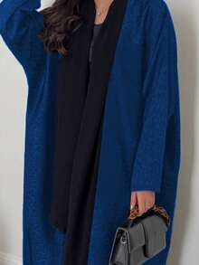 两件套，时尚简约，均码，哑光黑色豹纹印花，女士纯色中东长裙套装，含围巾，时尚优雅的开襟长袍，适合日常及节日穿着，如开斋节和春季。 - 寶藍色 - 查看 3