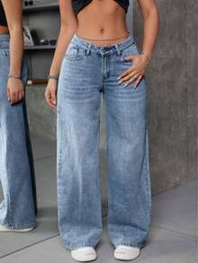 Teenagers' Fashionable Loose Straight Blue Jeans