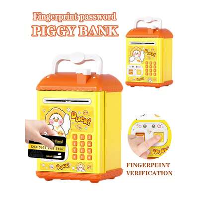 多种款式和颜色可选，ATM机造型存钱罐，密码和指纹解锁，可存放硬币，带音乐/音效/语音提示，手动纸卷，手持式，寓教于乐，互动性强，适合3岁及以上儿童，随机配件（不含电池），通过儿童安全认证