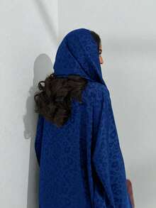 两件套，时尚简约，均码，哑光黑色豹纹印花，女士纯色中东长裙套装，含围巾，时尚优雅的开襟长袍，适合日常及节日穿着，如开斋节和春季。 - 寶藍色 - 查看 4