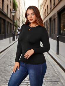 1pc Plus Size Thermal Lined Crew Neck Long Sleeve Solid Color Casual Base Layer Top, Versatile & Fitted For Autumn/Winter - Black - View 6