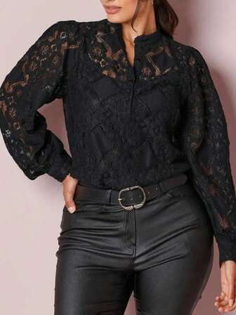 Top body transparent en dentelle et patchwork pour femmes grandes tailles