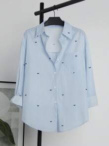 Plus Size Women Striped & Bow Print Button Front Casual Long Sleeve Shirt, Spring - Blue - View 1