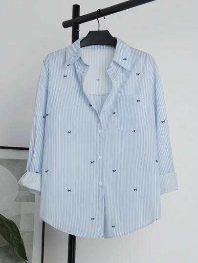 大码女式条纹蝴蝶结印花纽扣前开襟休闲长袖衬衫，春季