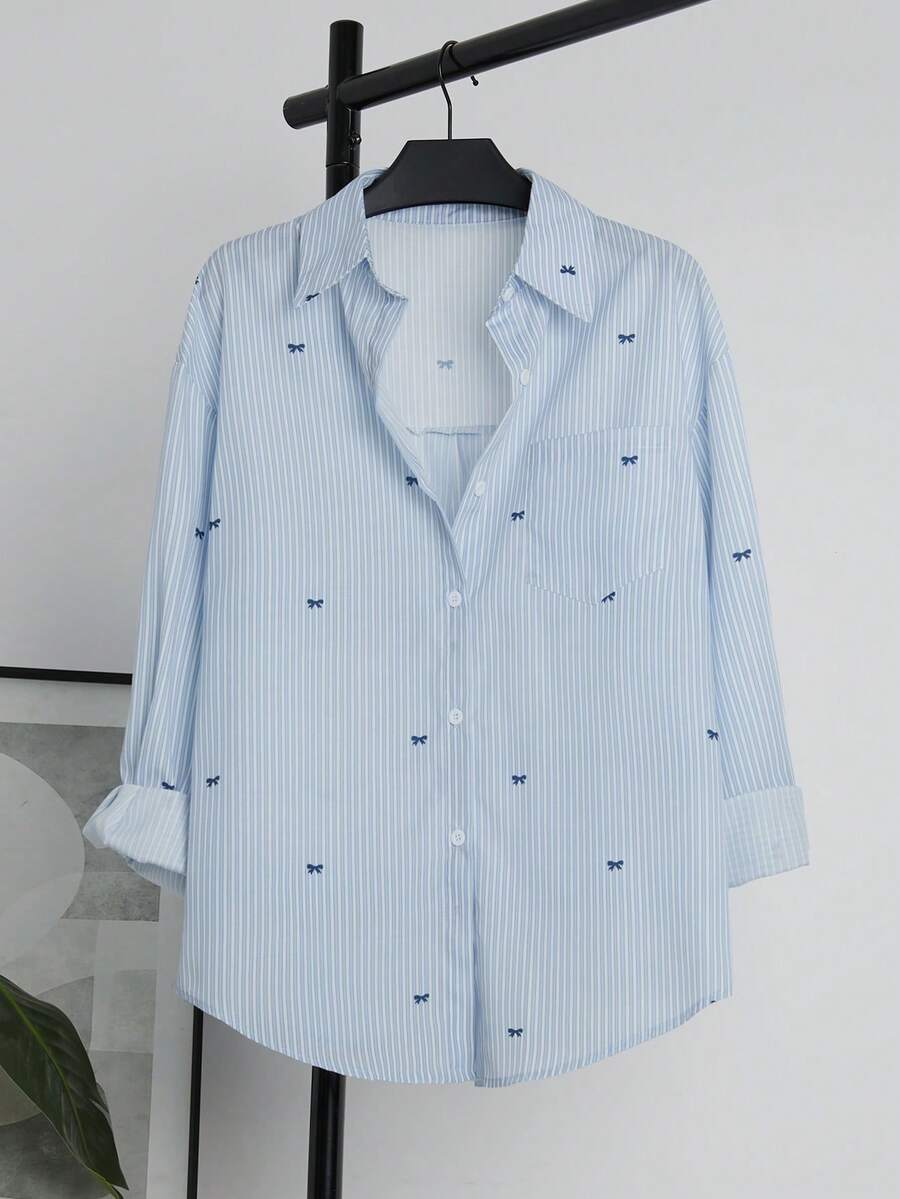 Plus Size Women Striped & Bow Print Button Front Casual Long Sleeve Shirt, Spring - Blue - View 1