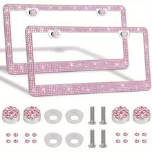 2PCS Stainless Steel License Plate Frame With Glitter Rhinestones, US Standard Size Fits All Cars/Trucks/SUVs, Women's Fashion Car Accessories, Rustproof & Easy Install, Premium Auto Decor, Birthday Gift Idea - Pink 2pcs - View 1