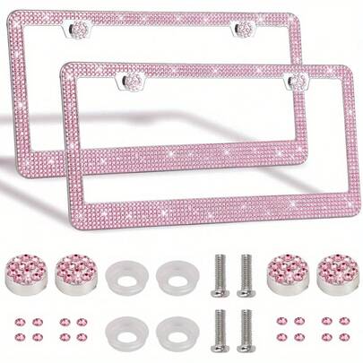2PCS Stainless Steel License Plate Frame With Glitter Rhinestones, US Standard Size Fits All Cars/Trucks/SUVs, Women's Fashion Car Accessories, Rustproof & Easy Install, Premium Auto Decor, Birthday Gift Idea