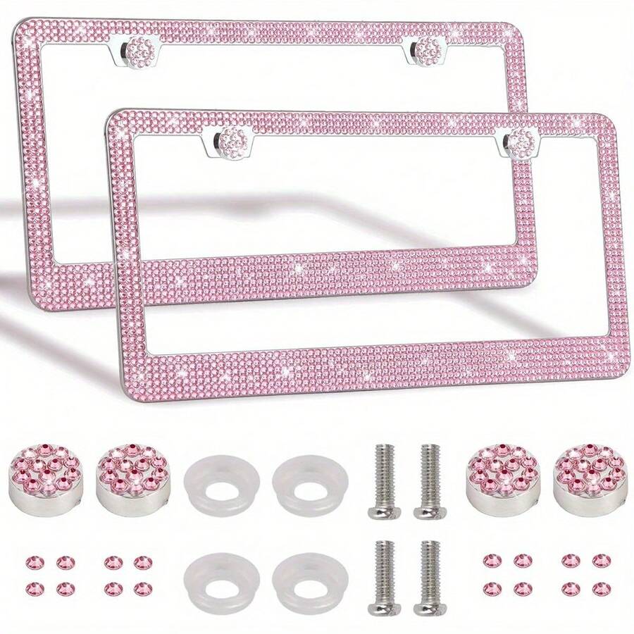 2PCS Stainless Steel License Plate Frame With Glitter Rhinestones, US Standard Size Fits All Cars/Trucks/SUVs, Women's Fashion Car Accessories, Rustproof & Easy Install, Premium Auto Decor, Birthday Gift Idea - Pink 2pcs - View 1