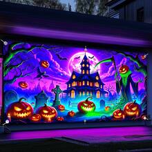 1 UV leuchtende Halloween Banner - Geisterhaus, Kürbislaterne und Grabstein Design, große Größe Polyesterfaser Garagentor Dekoration, essentiell für Innen- und Außenpartys, ohne Strombedarf, hochwertige Bedruckung, nicht leicht zu zerknitteln, Horror-Atmosphäre Hängedekoration, exklusiv für Eventveranstalter, leuchtende Effekte